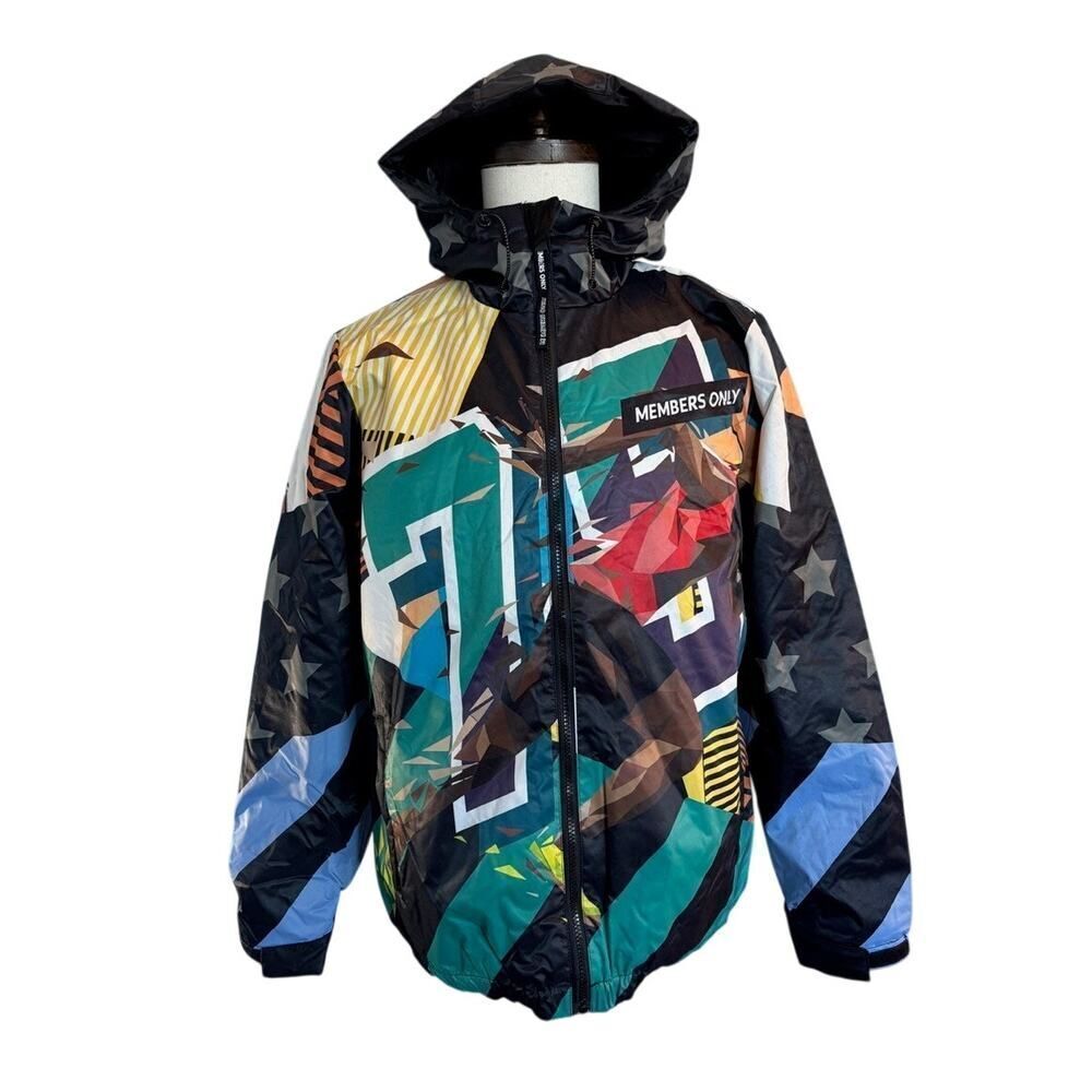 NWT MEMBERS ONLY Graphic Jacket Attached Hood Pockets Quilted Lining Zipper S